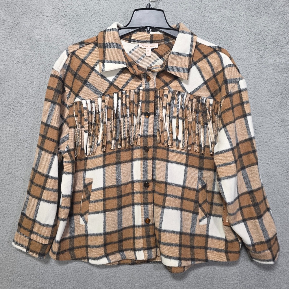 Plaid Flannel Jacket Womens 2X XXL Shacket Brown White Fringe Vintage Threads
